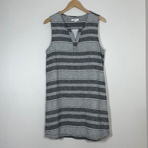 Beachlunchlounge Womens Linen Blend Dress M Gray White Striped Split V Neck
